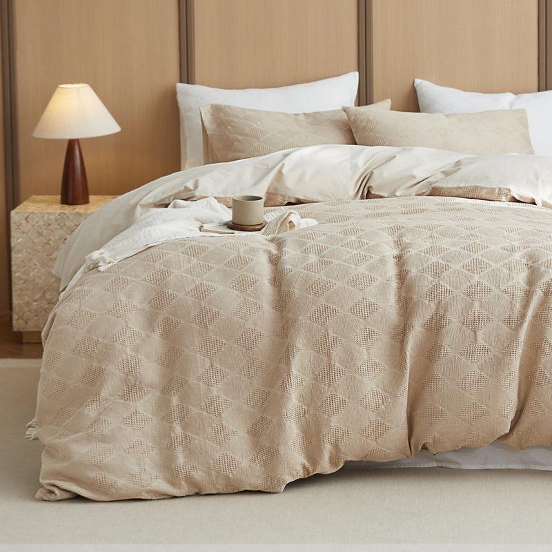 BISELINA 100% Cotton Waffle Weave Duvet Cover Set Queen Size 3 Pieces (1 Duvet Cover 88"x92", 2 Pillowcases) Soft Breathable Durable Chic Bedding Set for All Season - Khaki, Queen Size - Image 1
